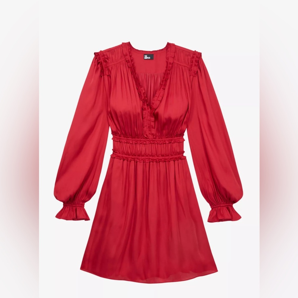 NWT The Kooples Red Ruched Long-sleeved Mini Dress w/ Elastic Waist - US 8